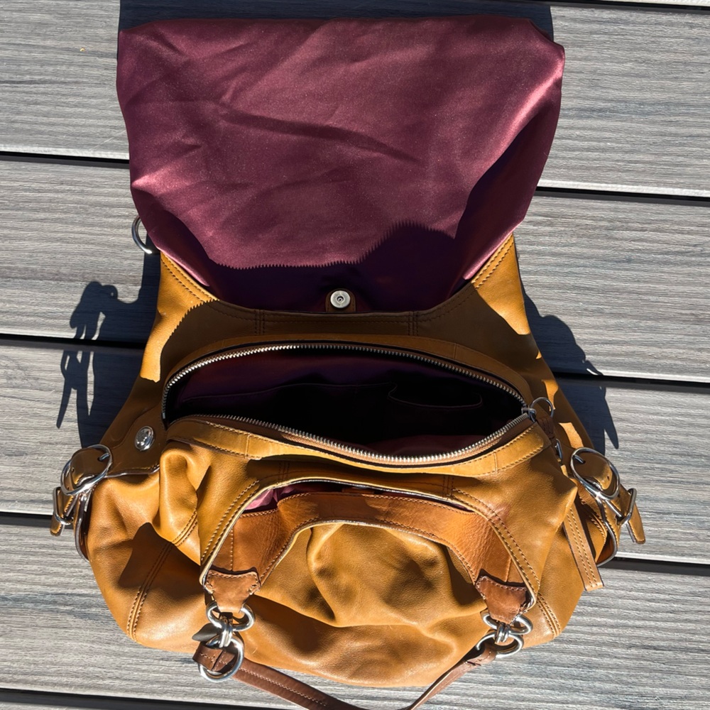 Coach; Golden Brown Leather Hobo Bag; 3 Section; Burgundy Interior; Duel Handles - Picture 14 of 16